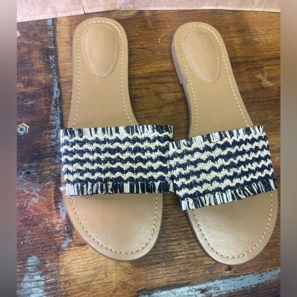 Nine West Black and White Woven Slide Sandals